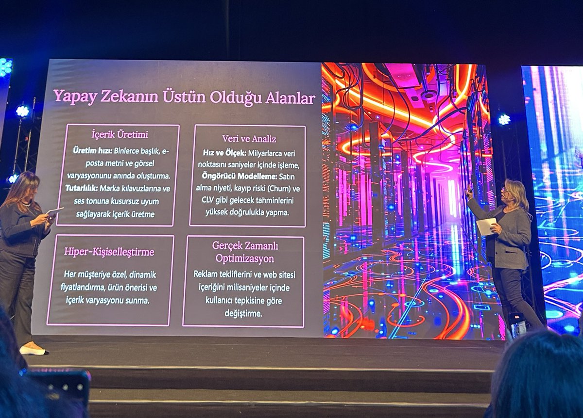 mindstationtr's tweet photo. Prof. Dr. Aslıhan Nasır İşler ve Prof. Dr. Hande B. Türker, Yapay Zekanın Aydınlık ve Karanlık Yüzü’nden bahsediyor. 

Yapay zekanın üstün olduğu ve fayda sağladığı alanların yanında, insanın hala eşsiz olduğu, yapay zekaya üstünlük kurduğu noktalar var. 

#MarketingTürkiyeTTS https://t.co/LNRyNgOUBF