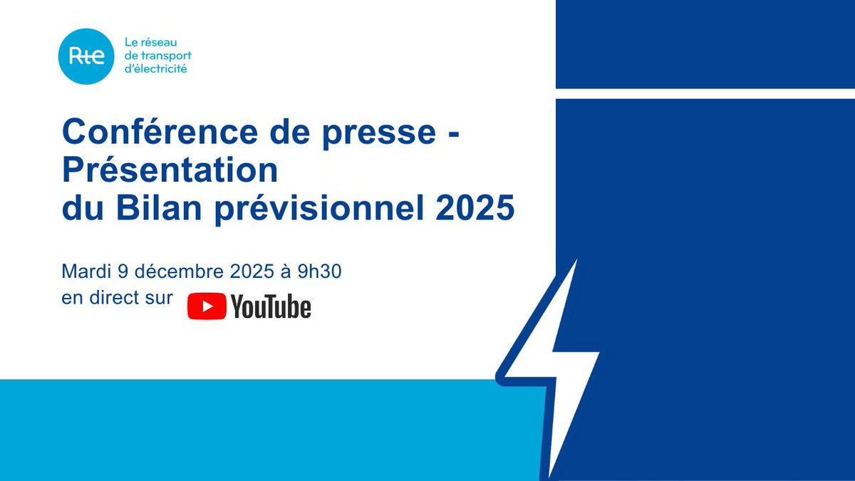 📅 Le 9 décembre prochain, RTE organise une conférence de presse sur le Bilan prévisionnel 2025.

Nous y présenterons différentes trajectoires de consommation, de production et d’évolution du mix électrique, au regard des dernières tendances.

📢 Retrouvez-nous en direct sur