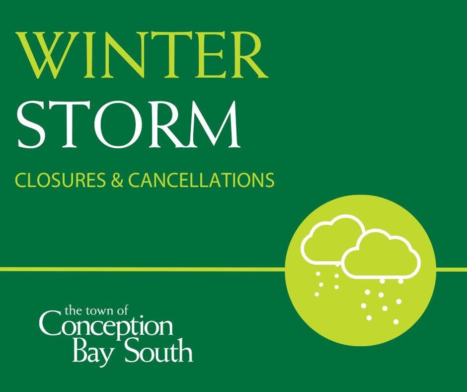 ❄️ Winter Storm Closures &amp; Cancellations ❄️

Due to inclement weather on Wednesday, December 3, all Town facilities will be closed for the morning with update 11:00 a.m. 

• Town Hall
• Recreation Complex
• CBS Arena
• Robert French Stadium

Details: conceptionbaysouth.ca/storm-closures…