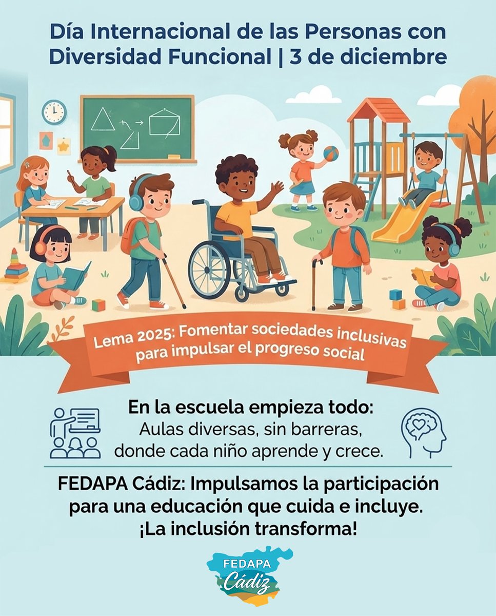 Hoy, 3 de diciembre, celebramos que la diferencia nos enriquece. 🌍✨

Un mundo más justo empieza en una escuela sin barreras. 🏫 Desde FEDAPA Cádiz, trabajamos por centros que cuiden, acompañen e incluyan de verdad.

La inclusión transforma la escuela... ¡y la sociedad! 💪💙