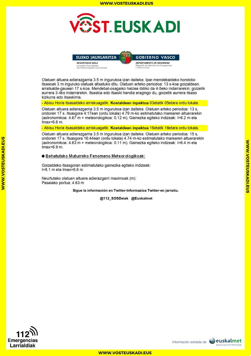 🌊 Aviso amarillo por riesgo costero hasta el viernes. Olas de más de 3,5 m y posible impacto en costa.

🌊 Kostaldeko arriskuagatik abisu horia ostiralera arte. 3,5 m-tik gorako olatuak eta kostaldeko eragina.

#Abisuhoria
#Olatua
