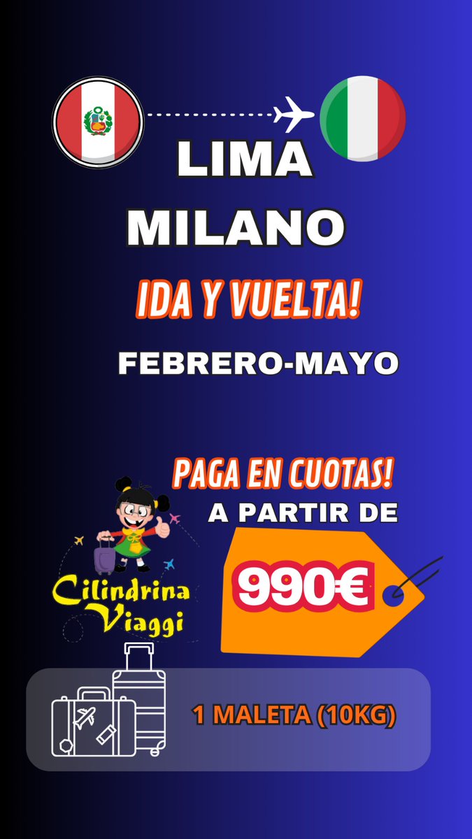 cilindrinaviagg's tweet image. ¡Aprovecha nuestra oferta de vuelos Lima-Milán! Salida en febrero y regreso en mayo por solo 990 euros. Billete de ida y vuelta real, con opción de pago en cuotas. WhatsApp: wa.me/393388358938 #Vuelos #Lima #Milán