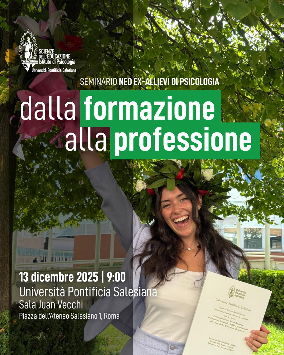 📚 Psicologia: dalla formazione alla professione
📅 13 dicembre 2025, ore 9:00
📍 Sala Juan Vecchi – UPS

Un seminario dedicato ai neo ex-allievi di Psicologia per orientarsi nella carriera professionale e creare rete tra colleghi.

✉️ Iscrizioni: psicologia@unisal.it