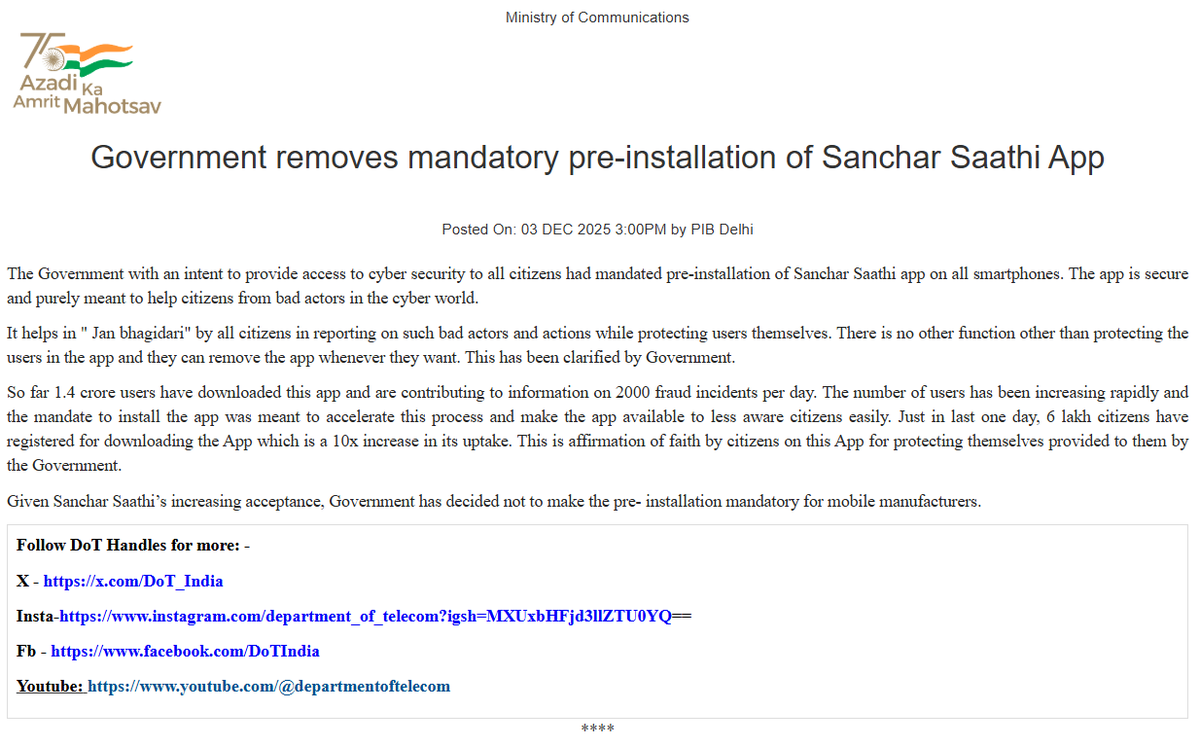 Rahul150634's tweet image. Govt rolls back mandatory pre-installation of the Sanchar Saathi app on smartphones. 📱
Ministry says the app is safe, citizen-friendly &amp;amp; widely accepted — so no need to force it on manufacturers.
Digital safety ✔️, user choice ✔️
#SancharSaathi #DigitalIndia #cybersecurityhumor