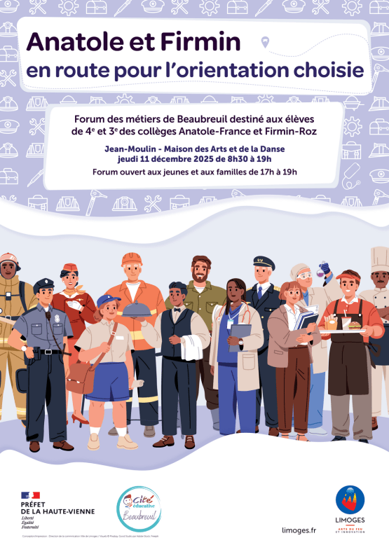 Jeudi 11 décembre, de 8h30 à 19h, la Cité éducative de Limoges organise son premier forum « Anatole et Firmin, en route pour l’orientation choisie », à la Maison des Arts et de la Danse – Centre Jean-Moulin.
Une journée dédiée aux jeunes de 14 à 25 ans pour découvrir des métiers,