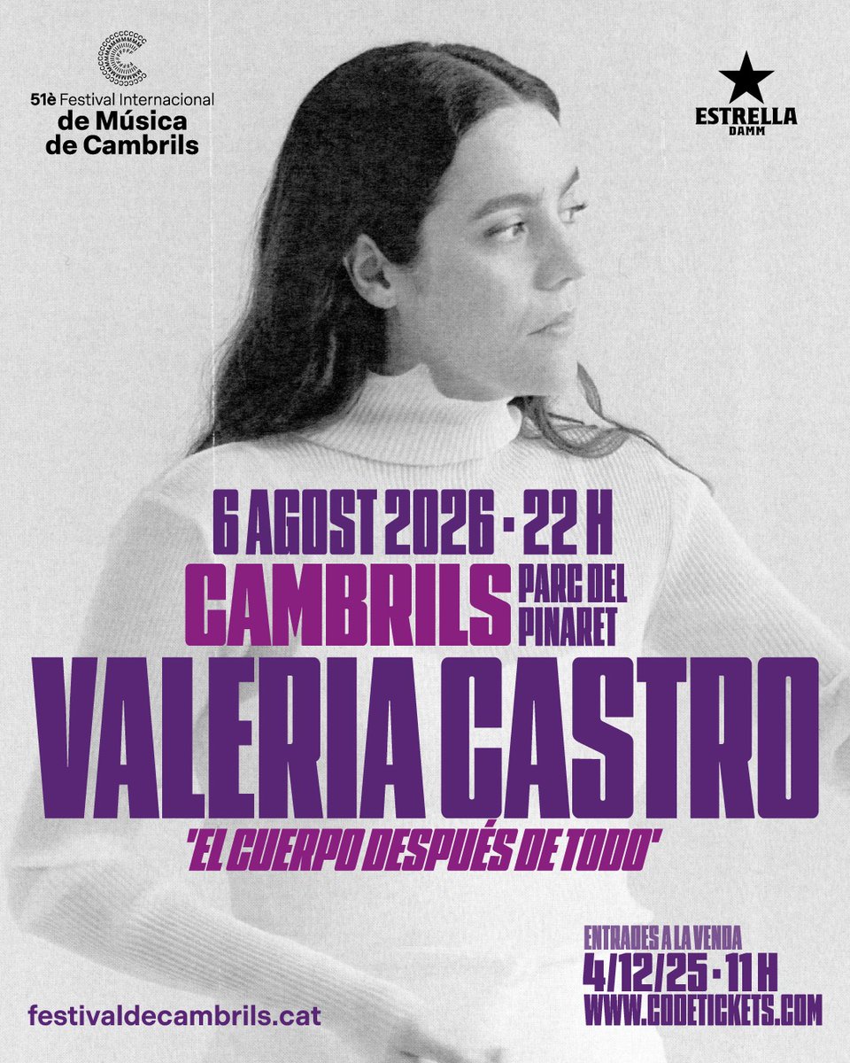 fimcambrils's tweet photo. ✨ Tercera confirmació del #FIMCambrils26!
El 6 d’agost, @valeriacasrod presentarà El cuerpo después de todo al Parc del Pinaret.
Una de les veus més premiades i emocionants del moment.
Entrades 4/12/25 · 11 h → https://t.co/g7OlFU1PyA
#FIMCambrils26 #ValeriaCastro https://t.co/lh4QkONeyb