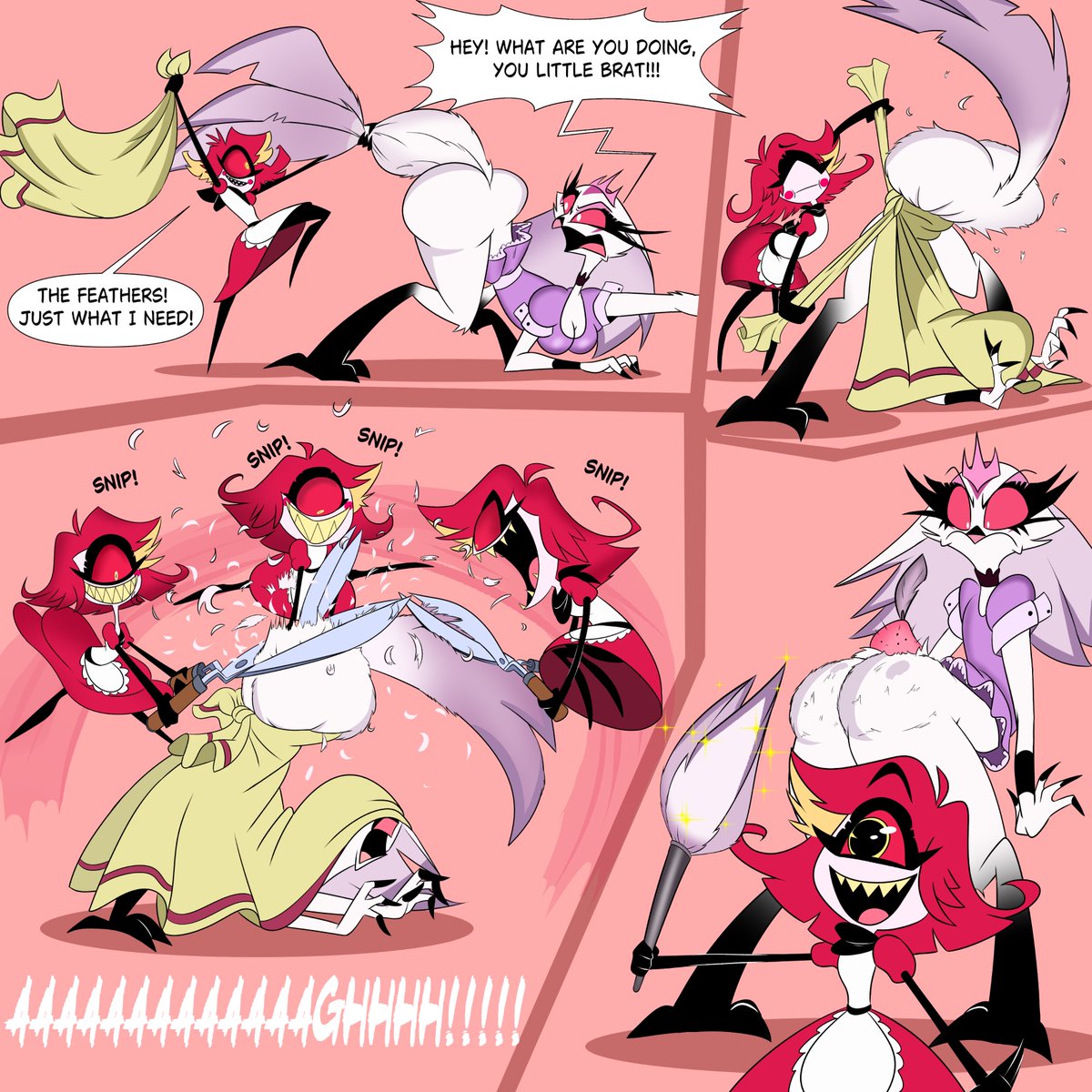 The Maid's Attack
Nifty can be a little agitated when she wants to find a way to better clean the hotel from dust.

Feathers are a great option for a broom. But whose feathers will they be? Well, Stella, today is not your day &gt;:3