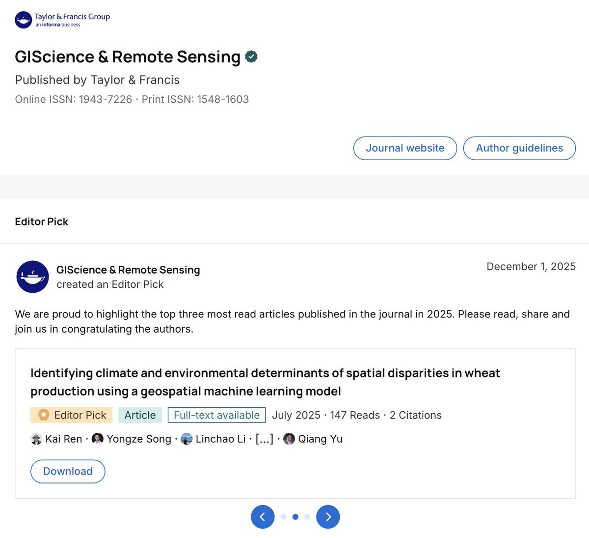 renkaigis's tweet photo. Our paper in GIScience &amp; Remote Sensing has been selected as an Editor Pick and is a top-3 most read article in 2025 🎉 We use geospatial ML to reveal climate and environmental drivers of spatial disparities in wheat production. @YongzeSong 
https://t.co/uat9VlBcZM https://t.co/jeLBI7eDgl