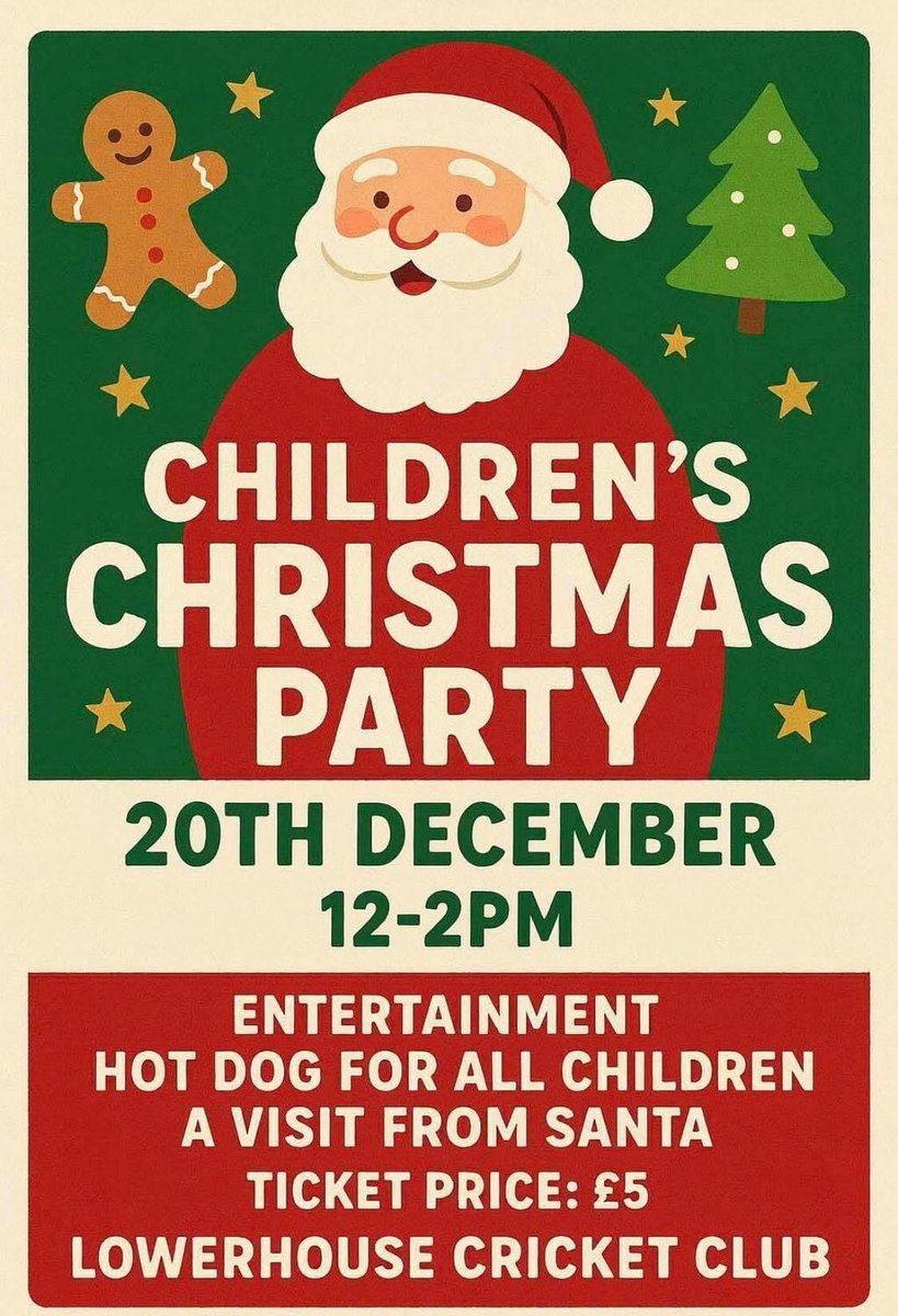 🎄 Lowerhouse Children’s Christmas Party
Saturday 20th December, 12–2pm — followed by a Saturday Social!

🎁 £5 per child: entertainment, hot dog &amp; a gift from Father Christmas.

🎟️ Book online (choose Events): 1046lcc.bytable.net/menu

Or buy at any social/event at the club.