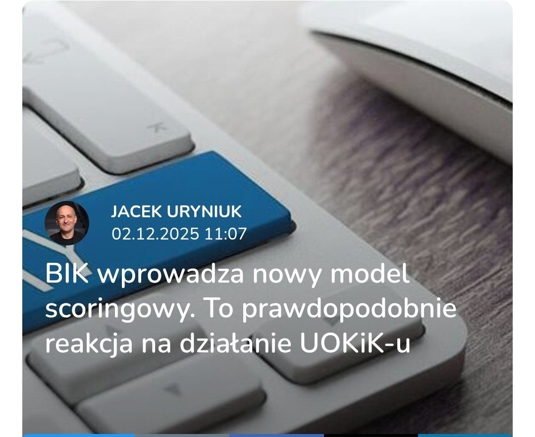 Biuro Informacji Kredytowej poinformowało o zamiarze wprowadzenia nowego modelu scoringowego od 2026 roku
Kluczowe zmiany to 
▪️zapytania kredytowe, które nie skończyły się decyzją, będą automatycznie usuwane z bazy po 14 dniach czyli porównywanie ofert u kilku banków przestanie