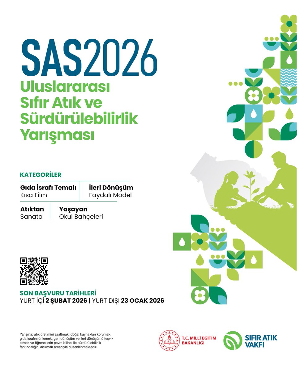 SIFIR ATIK VE SÜRDÜRÜLEBİLİRLİK İÇİN HAREKETE GEÇİYORUZ 🌍♻️

Genel Müdürlüğümüzce önceki yıllarda başlatılan ve bu yıl uluslararası boyuta taşınan 2026 Uluslararası Sıfır Atık ve Sürdürülebilirlik Yarışması SAS2026 başladı!

Sıfır Atık Vakfı iş birliğiyle düzenlenen yarışmaya;