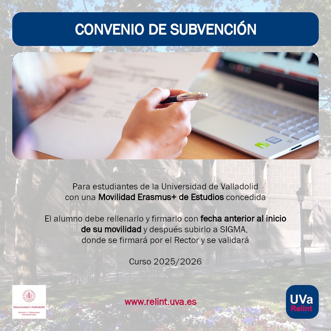 Tenéis en nuestra web el Convenio de Subvención #ErasmusPlus 2025/2026

Pasos a seguir:
1. Rellenadlo con las pautas que se os ha enviado
2. Firmarlo con fecha (que debe ser ANTERIOR a la fecha de inicio de vuestra movilidad)
3. Subidlo a SIGMA

ℹ️ tinyurl.com/MovilidadEstud…