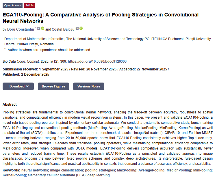 BDCC_MDPI's tweet image. 📢 #BDCC’s First Publication of December 
ECA110-Pooling: A Comparative Analysis of Pooling Strategies in Convolutional Neural Networks

brnw.ch/21wY2nq
#neuralnetworks #imageclassification  #medianpooling #minpooling #kernelpooling  #deeplearning
