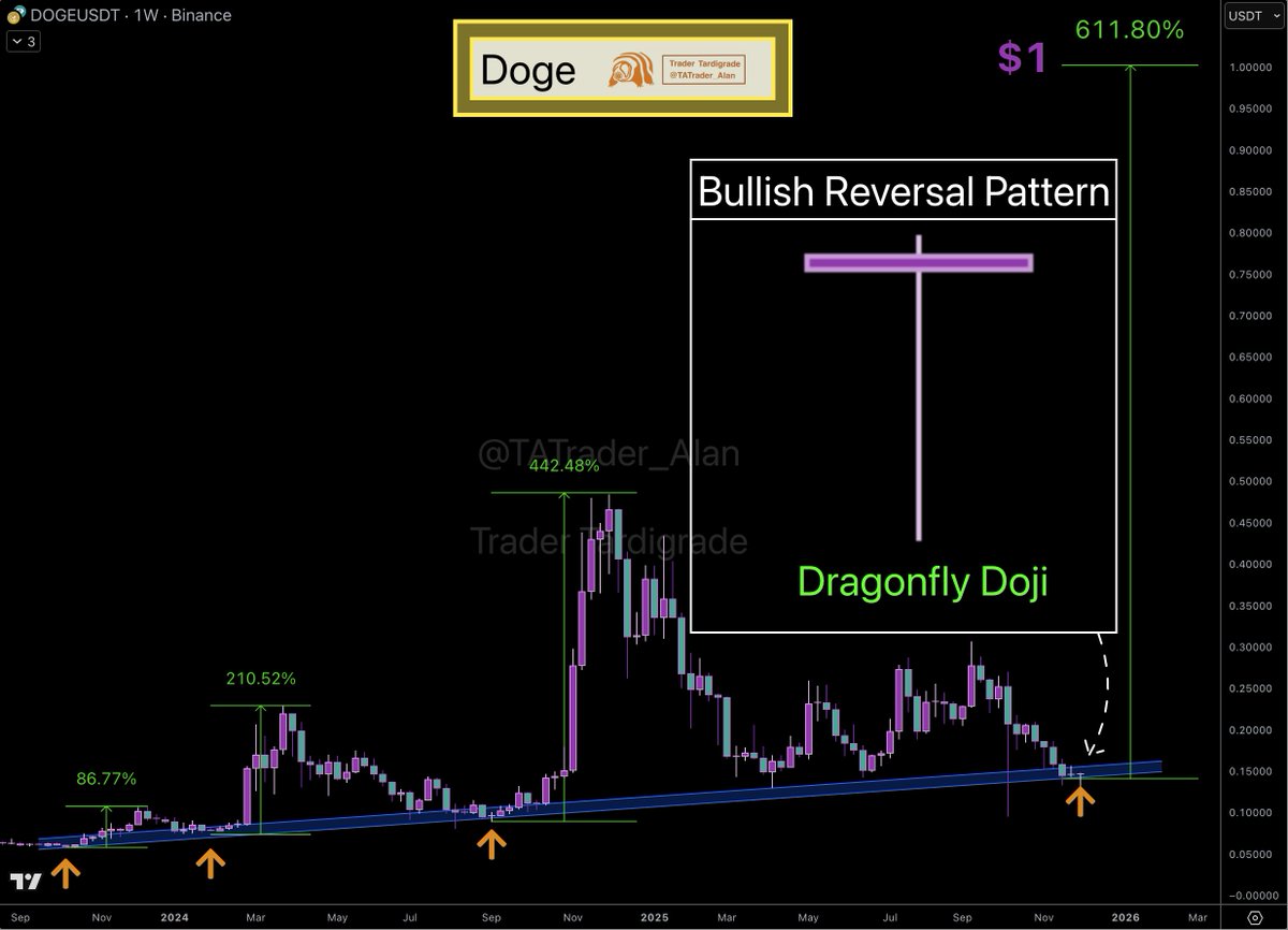 Doge/weekly 🚨 #Dogecoin weekly candle signals a bullish reversal pattern  🚨 A Dragonfly Doji has appeared at the key support level. After a  downtrend, this bullish reversal pattern indicates that buyers have