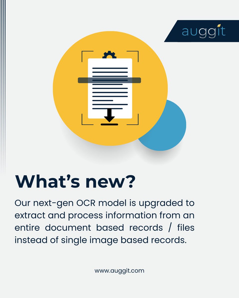 auggit_'s tweet photo. Introducing Auggit’s Advanced OCR Model – now processes entire document-based records with 80% faster extraction, 75% higher accuracy, and up to 90% cost savings. 🚀 Upgrade your data processing today! Book a demo- https://t.co/Uzups4CziC 
#Auggit #OCR #EDMS #ProductUpdate https://t.co/L6r4qjpYHa