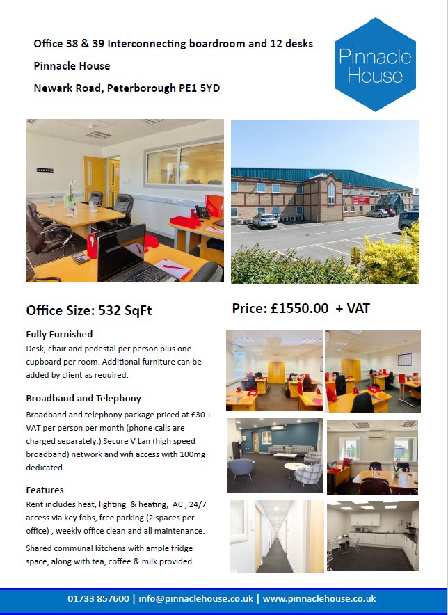 Looking for a modern, fully serviced workspace for your growing team? Pinnacle House Business Centre is proud to offer a spacious 10-person private office, located on our first floor.  Enquire today to arrange a viewing or learn more about availability by calling 01733 857 600
