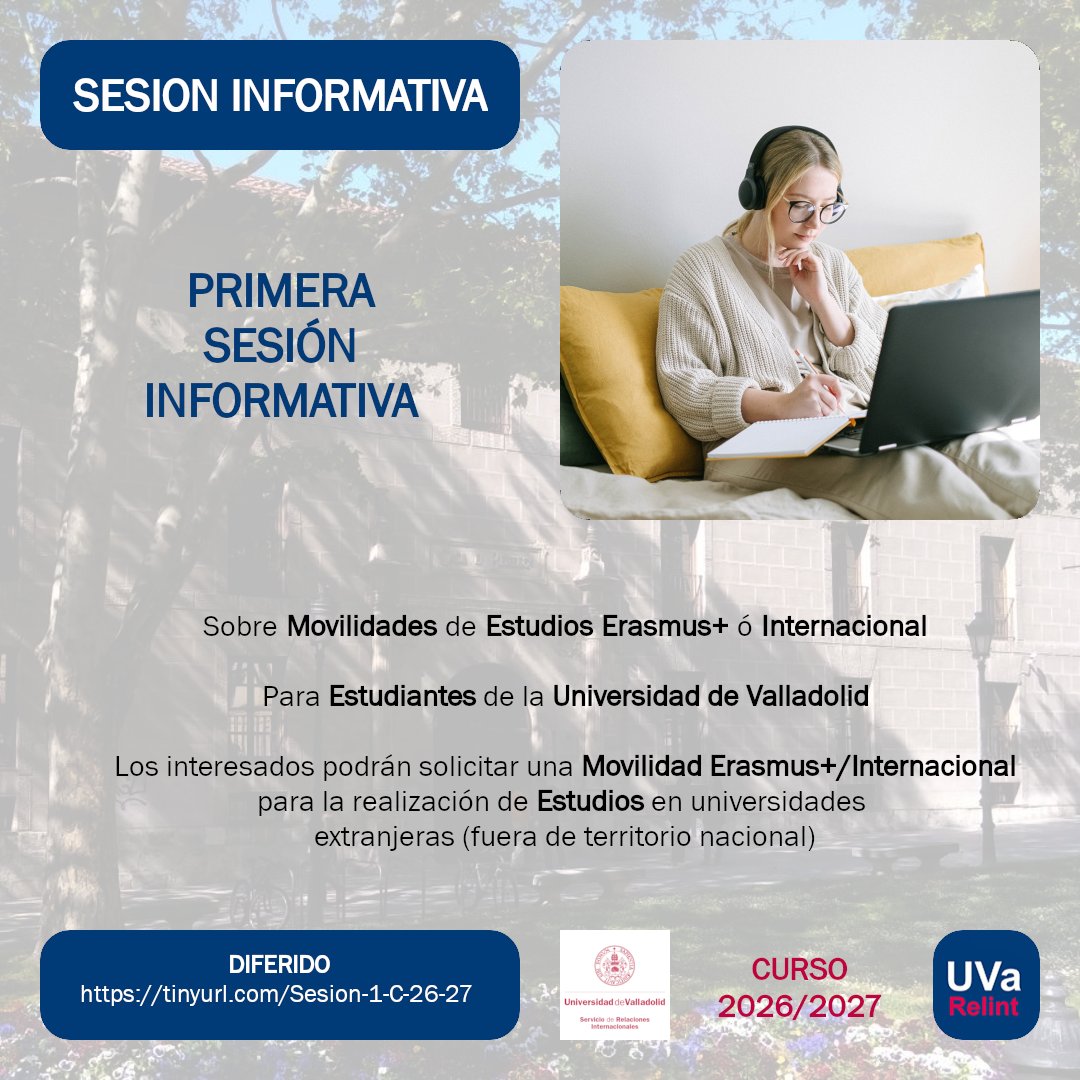 Si te perdiste la Primera Sesión Informativa de la Universidad de Valladolid para Movilidades #ErasmusPlus del SEPIE en el Curso 26/27 aún puedes verla en diferido

¡INDISPENSABLE VERLA!

🔗 tinyurl.com/Sesion-1-C-26-…