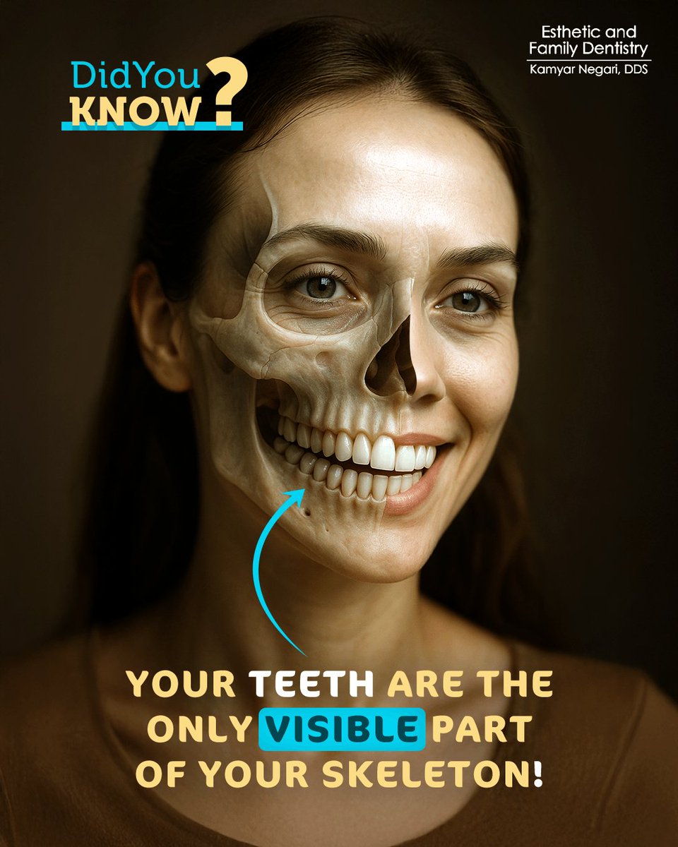 🦷✨ Did You Know? ➡️😁

Your Teeth Are the Only Visible Part of Your Skeleton! 🦷☠️ 

They tell the world your #health and #confidence 🌟. Protect them with #brushing 🪥, #flossing 🧵, and regular checkups 👨‍⚕️ — keep your #smile strong for #life 💪✨!

#DentalFacts