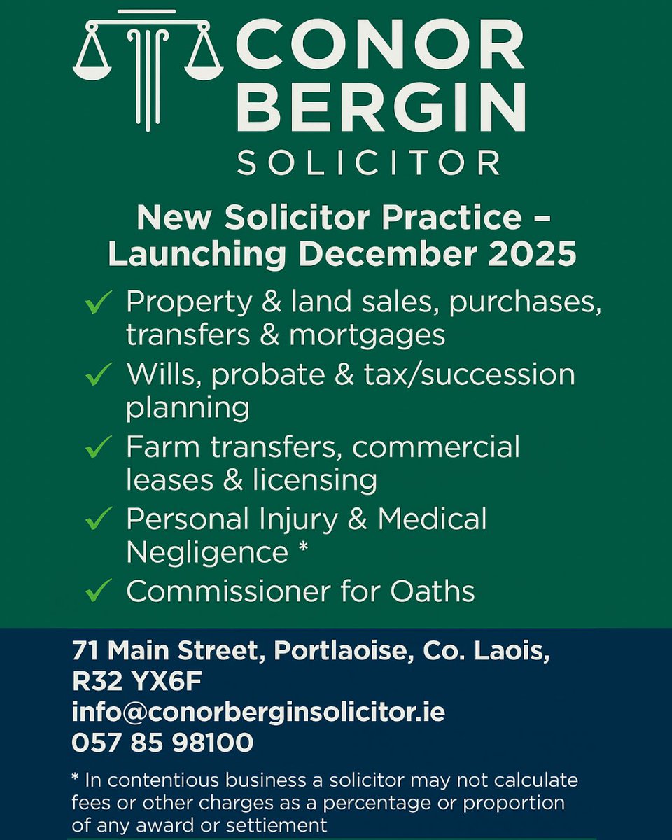 I am delighted to announce that I am officially opening my new legal practice Conor Bergin Solicitor at 71 Main Street, Portlaoise.

It is a huge privilege to be part of Main Street in our county town, and I have always believed that small businesses are the best businesses.