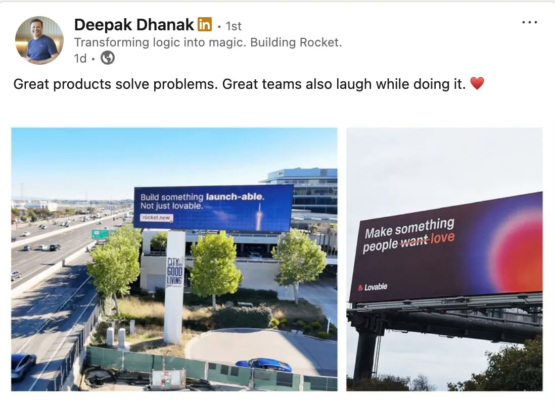 manishkumar_dev's tweet image. Rocket just executed one of the smartest OOH positioning moments I’ve seen.

Lovable’s message centers on building something people love.
Rocket followed with a different priority: building something ready to launch.

Two valid philosophies.
Two distinct value hierarchies.

What…