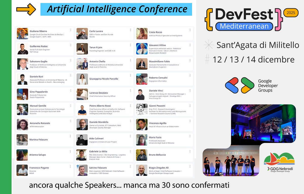 #devfestmed #gdg GDG DevFest Mediterranean 2025 oltre 30 speaker ed esperti #google per parlare di #AI