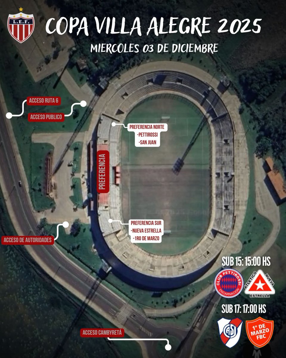 ⚽ #Futbol

💥 Inferiores

🏆 Copa Villa Alegre 2025

🗣️ Es hoyyyyy

🕒 Desde las 15,las emociones comenzarán a rodar en el nuevo Villa Alegre cuando se enfrenten Pettirossi y Nva.Estrella en Cadete,y mas tarde Atl.San Juan y 1ro de Marzo dirimirán la Copa en sub 17.