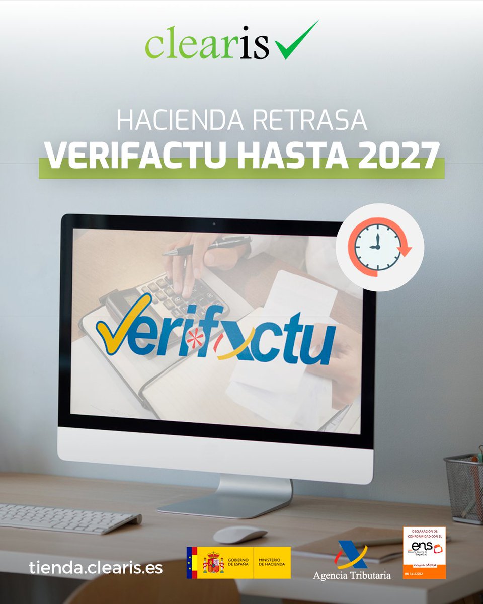ClearisESP's tweet photo. 💼 Hacienda aplaza VeriFactu a 2027

Las empresas tendrán más tiempo para adaptarse. Con nuestro módulo VeriFactu para PrestaShop, puedes activarlo hoy o esperar al plazo obligatorio, cumpliendo la ley de forma segura y certificada por AEAT.

🔗 Te https://t.co/c6XxaqePj0 https://t.co/jv2U0Ux6BI