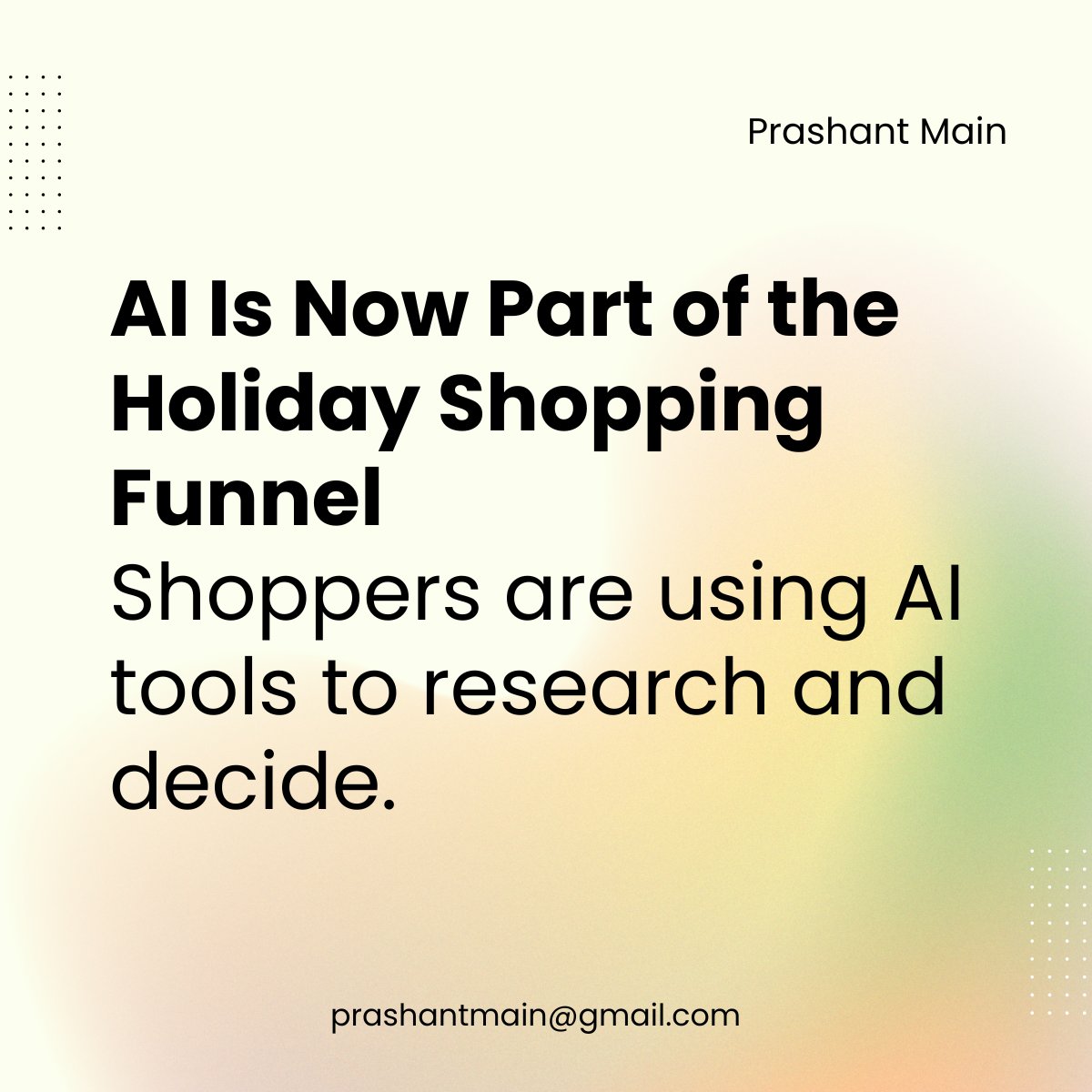 prashant_main's tweet photo. Holiday shoppers are turning to AI tools to compare products and make faster decisions.
If your product pages aren’t built for AI discovery, you’re invisible.
Clean structure. Clear answers. Strong schema.
AI-ready content wins.
#AIMarketing #SEOStrategy #Ecommerce https://t.co/XPKmw4GEKG