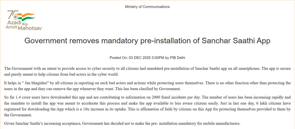 CryptooIndia's tweet photo. BREAKING: 🇮🇳 Government drops plan to make Sanchar Saathi app pre-installation mandatory. https://t.co/Z1pvALUOHw