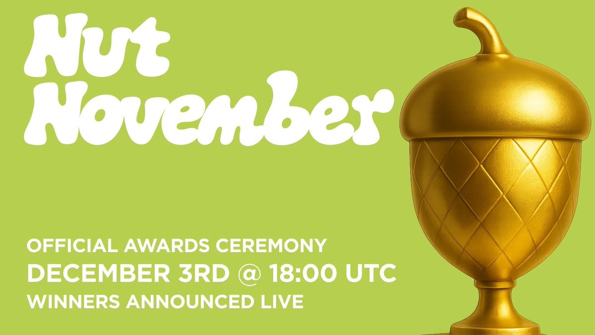 The Nut November Award Ceremony is today!

We’ll be announcing every category winner live, showcasing projects, and handing out 1.9M sats in prizes.

Join us at 18:00 UTC 

Award ceremony details 👇