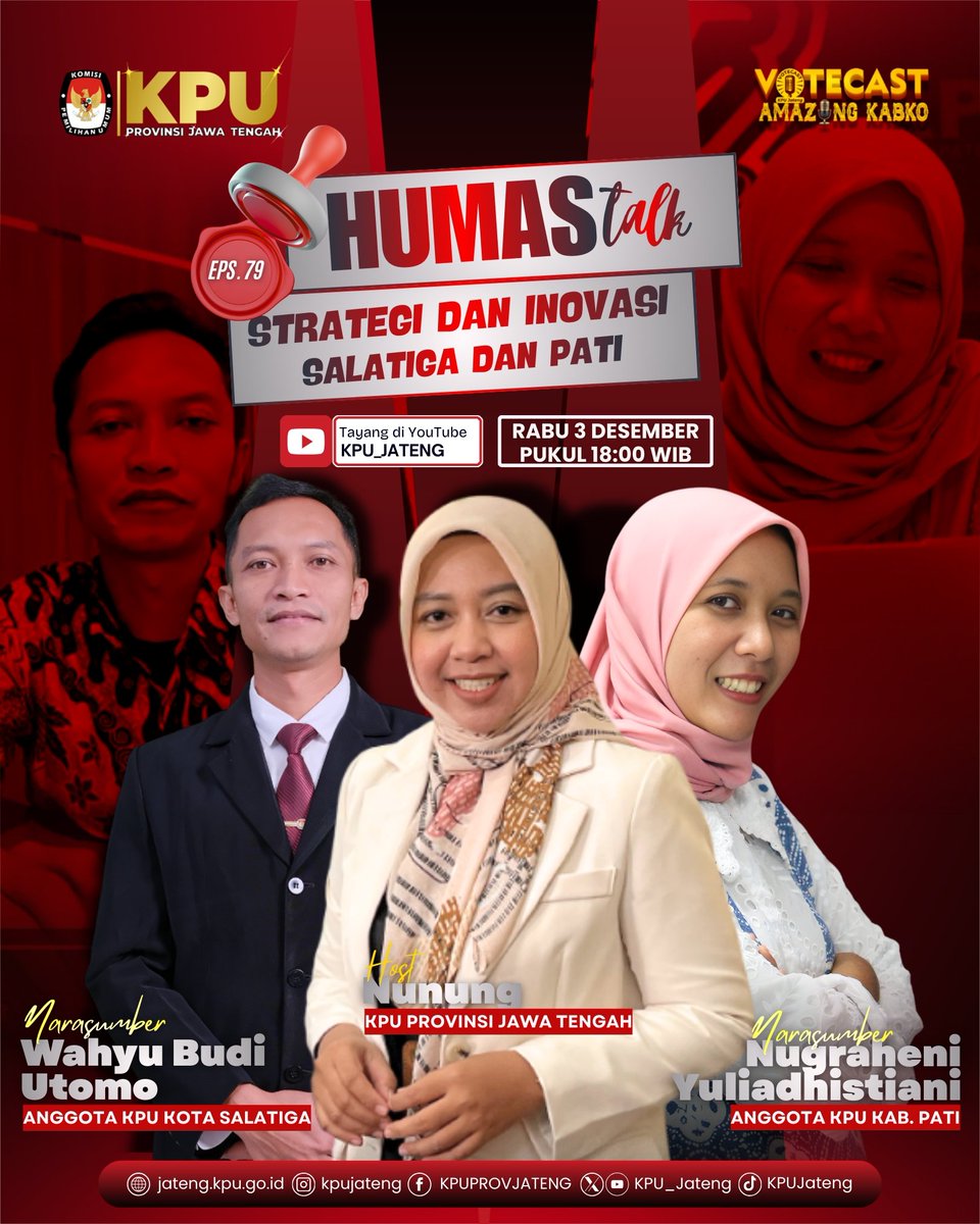 #TemanPemilih Votecast Amazing Kab/Ko Eps. 79 hadir dengan tema Humas Talk Strategi dan Inovasi Salatiga dan Pati.

Tayang hari ini Rabu, 3 Desember 2025 pukul 18:00 WIB di YouTube KPU Jateng.

#KPUMelayani