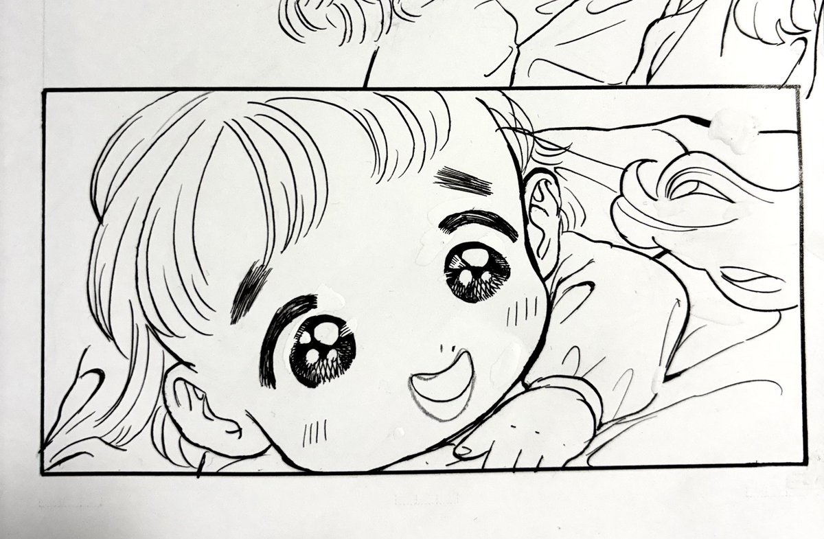 描き直しビフォアフ
(1枚目before、2枚目after)

子ども描くのが本当に難しくて、鉛筆で描いたラフやネームの方が可愛いことが圧倒的に多い!

清書して丁寧に描きすぎると子どものかわいさである溌剌さとか予期できない炸裂する生命力が消えてしまうんだろうなー 