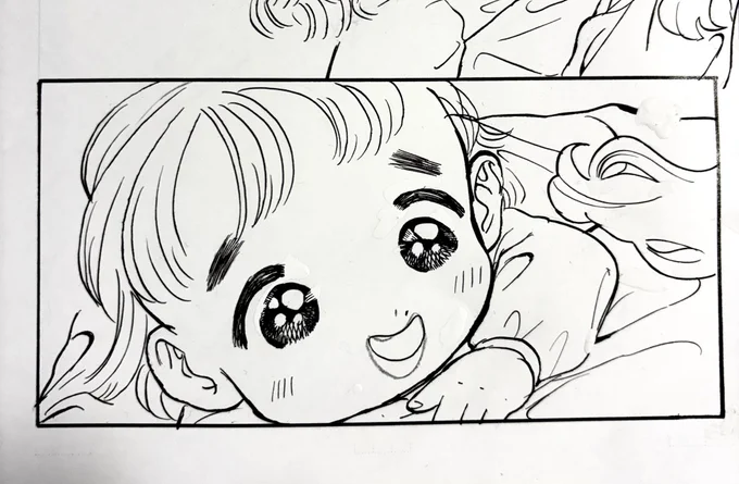 描き直しビフォアフ
(1枚目before、2枚目after)

子ども描くのが本当に難しくて、鉛筆で描いたラフやネームの方が可愛いことが圧倒的に多い!

清書して丁寧に描きすぎると子どものかわいさである溌剌さとか予期できない炸裂する生命力が消えてしまうんだろうなー 