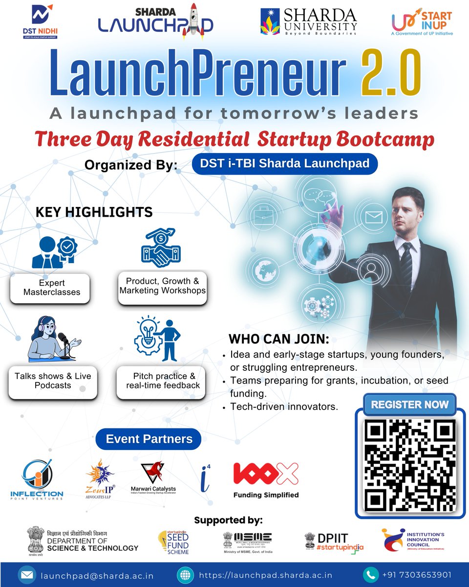 ShardaLaunchpad's tweet image. LaunchPreneur 2.0 A Launchpad for Tomorrow’s Leaders. Three-Day Residential Startup Bootcamp by DST i-TBI Sharda LaunchPad, designed to empower early founders and innovators with the skills, insights, and confidence to scale their ventures.

#LaunchPreneur #StartupBootcamp