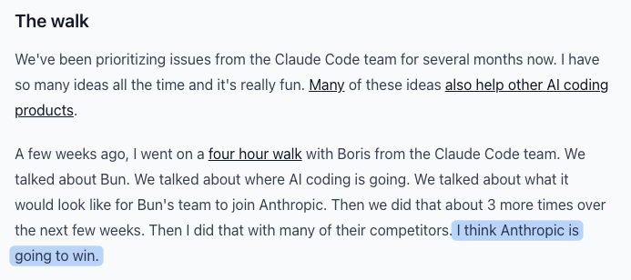 What's interesting about Bun joining Anthropic is that the founder actually considered all the AI frontier labs before picking Anthropic as his predicted future winner.

Personally I think Anthropic will reach profitability before AI, and that point is starting to become ever