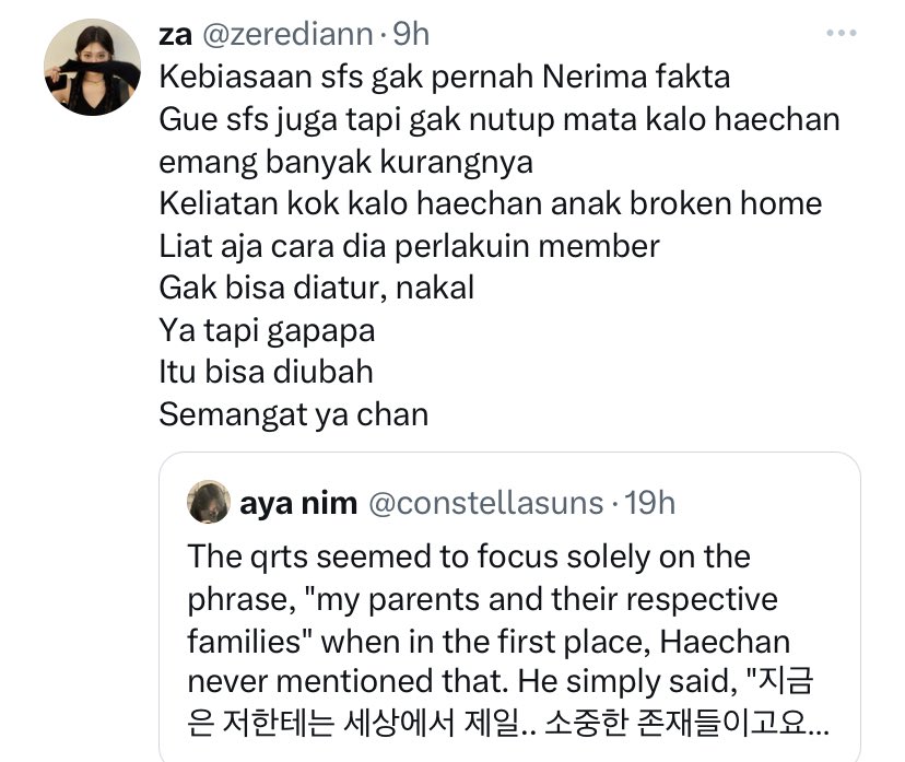 themostlovable's tweet photo. @hyucktuah this context is talking about nshittyzen who often says "hc is from a broken home that's why he's naughty." hc gets affection from his parents, that's why he's full of affirmations, it has nothing to do with your bias https://t.co/6YFJYRCwrp