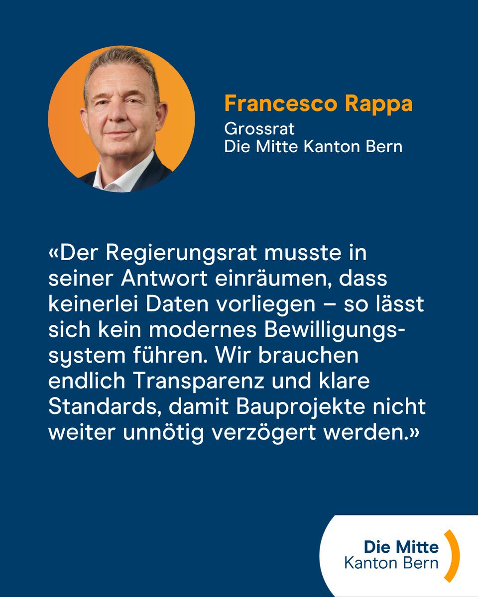 Endlich Transparenz &amp; Effizienz im Baubewilligungsverfahren❗

Unser Grossrat Francesco Rappa will mit Unterstützung von sechs Parteien unnötige Verzögerungen im Baubewilligungsverfahren beenden ❌

⤵️ be.die-mitte.ch/de/baubewillig…

#DieMitteBE #GRBE #GrosserRat #Session #KantonBern
