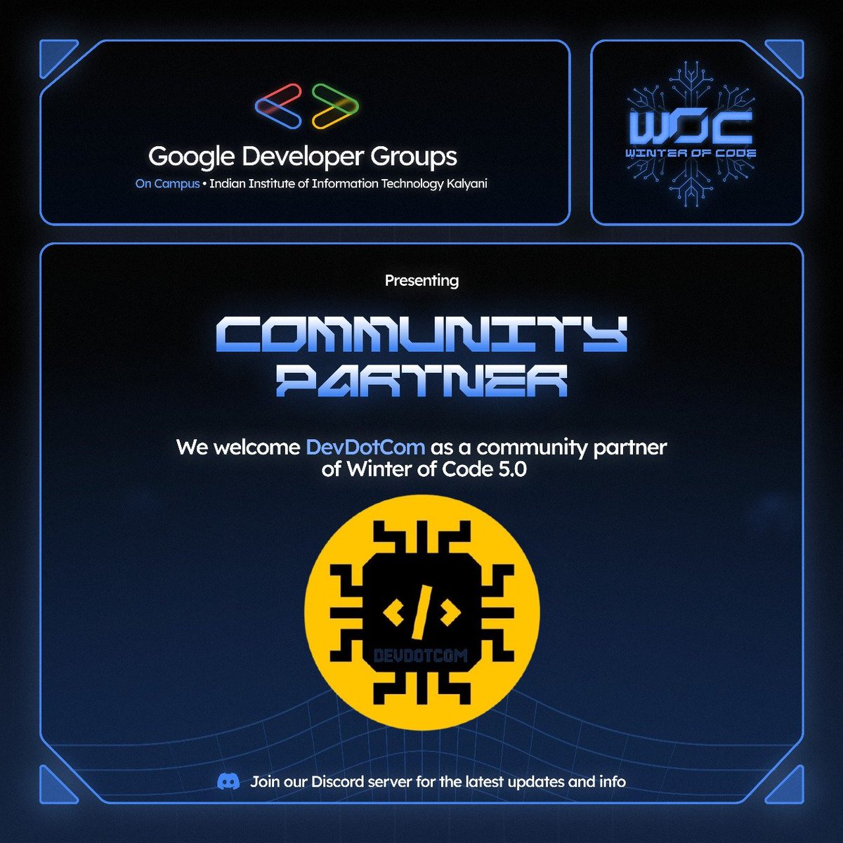 gdsciiitkalyani's tweet image. Big welcome to DevDotCom for joining us as a Community Partner in WOC 5.0!
Can’t wait for what’s ahead. 

Register now: winter-of-code-5.devfolio.co/overview

Partner with us: forms.gle/h7BHyFw4v6aFMy…

#WOC5 #GDGOnCampus #TechCommunity