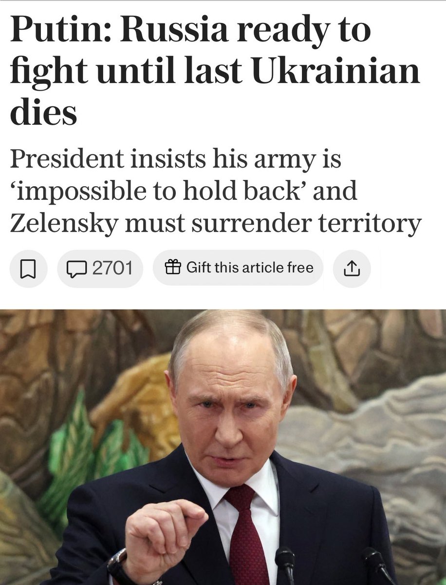 Putin: ‘Russia is ready to keep fighting until the last Ukrainian dies.’

Western politicians &amp; press: ‘Peace talks have stalled…’

Russia has zero interest in peace. Calling Kremlin demands for Ukrainian surrender ‘peace talks’ is just another way of spreading their propaganda.