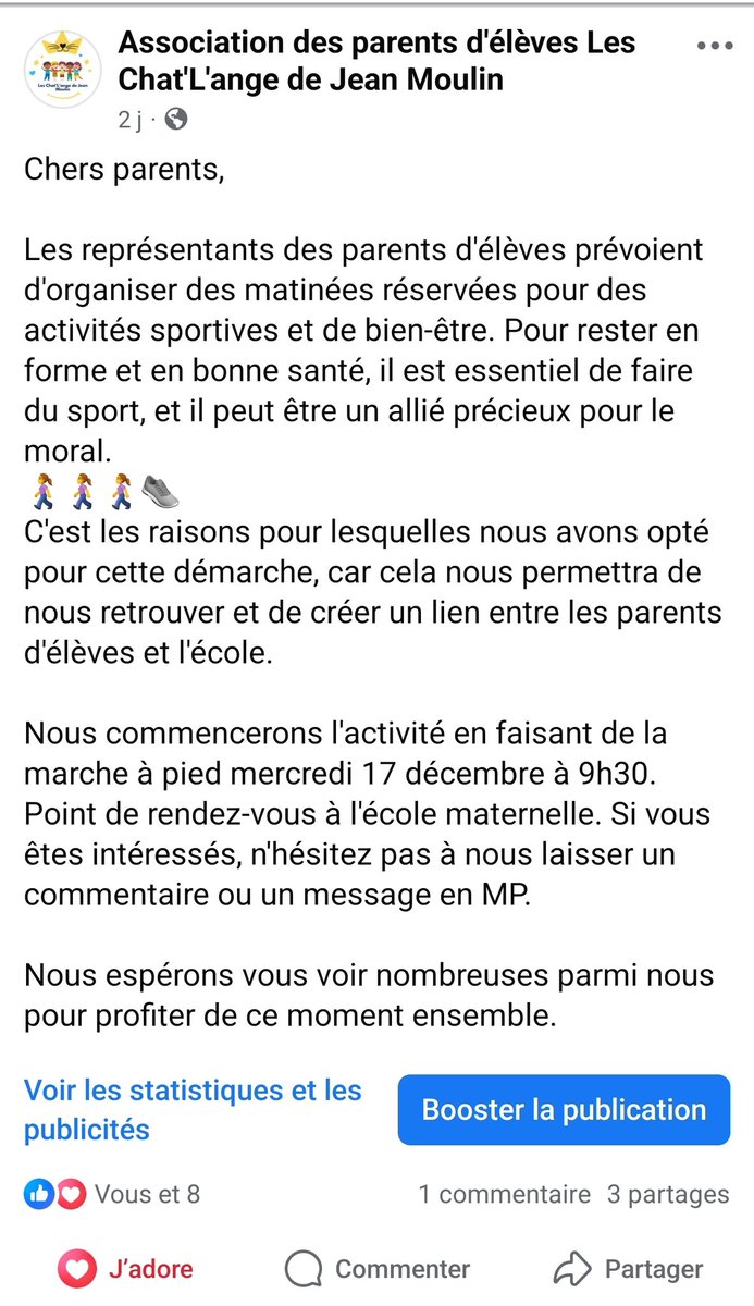 Le sport même pour les mamans de l'école Jean Moulin. Projets des représentants des parents d'élèves.🚶‍♀️🚶‍♀️👟👟
<a href="/MA_Jamet/">Marc-Antoine JAMET</a> <a href="/ChristopheCoplo/">Christophe COPLO</a>