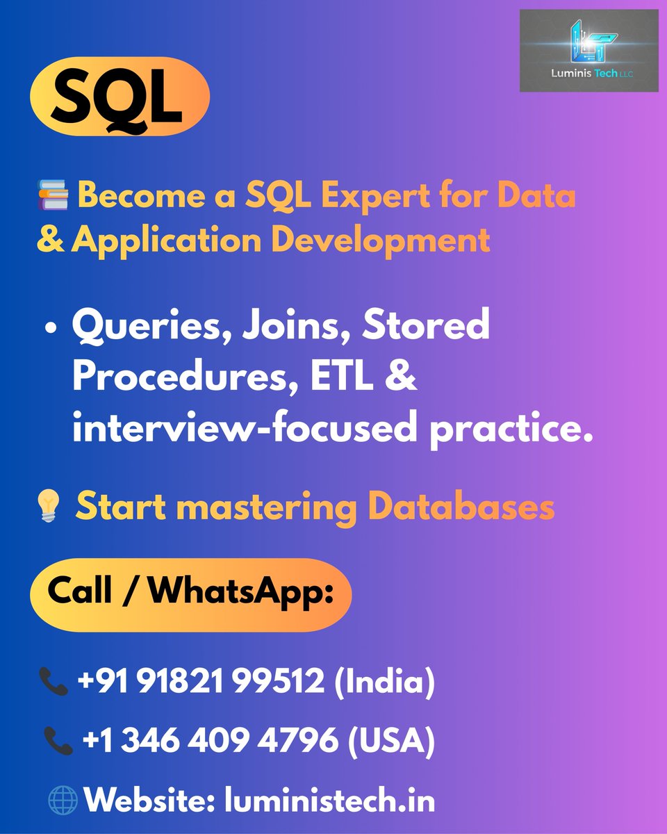 luministechllc's tweet image. SQL
🗄️ Build strong database skills with SQL—essential for every IT &amp;amp; analytics role!
Learn queries, joins, stored procedures, optimization &amp;amp; real-world project work.
📞 Contact Us: +91 91821 99512 | +1 346 409 4796
🌐 luministech.in
✨#DatabaseDeveloper #LuminisTech