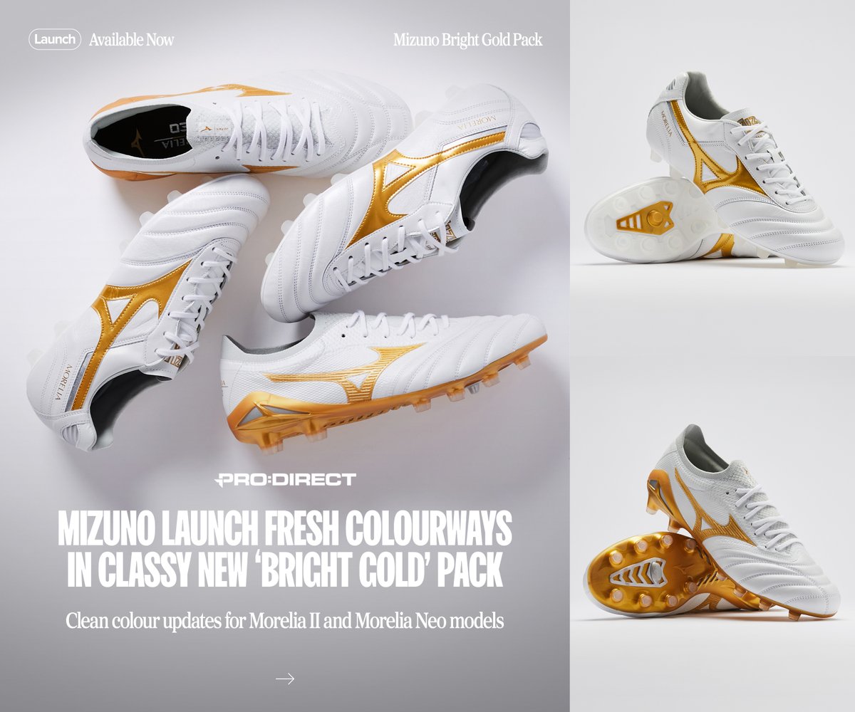 🔗 brnw.ch/MizunoBrightGo…

Mizuno just aren't messing about. The new 'Bright Gold' pack from Mizuno is available online now at Pro:Direct Soccer featuring clean colour updates for that leather Morelia Made in Japan series.