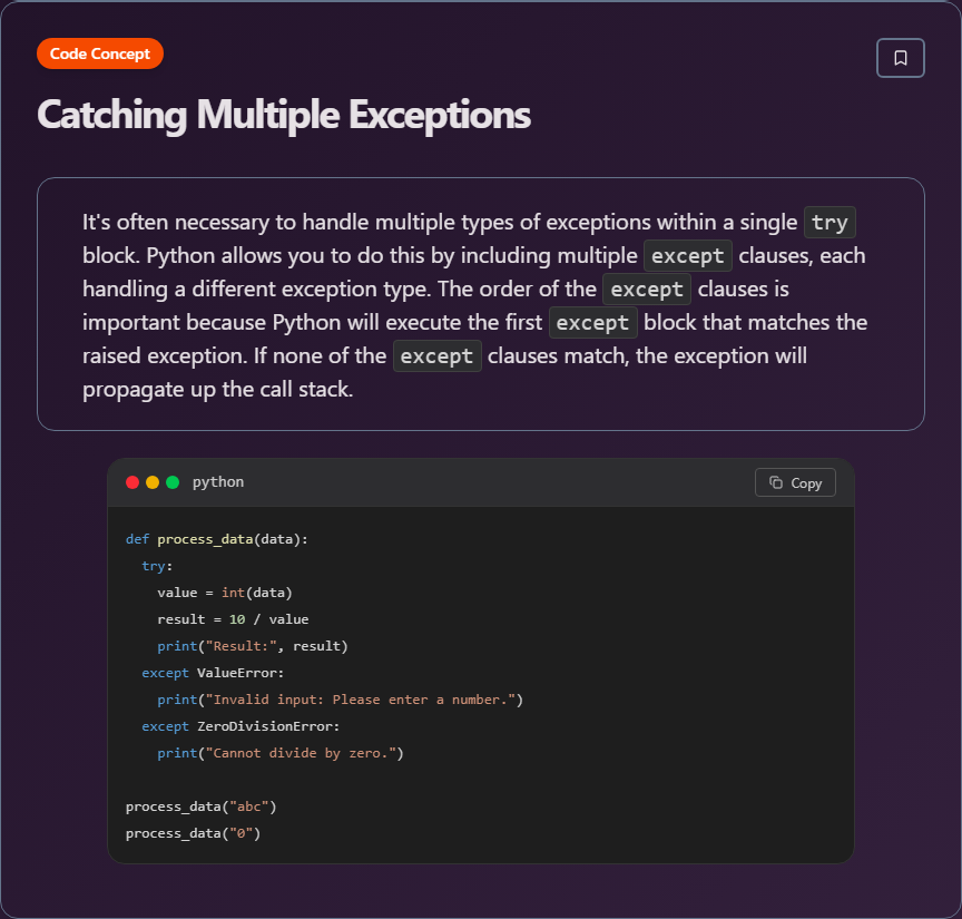 techielearns's tweet image. ✨ Catching Multiple Exceptions (Python)

#Python #PythonDev #DataScience #WebDev #100DaysOfCode #DevLife