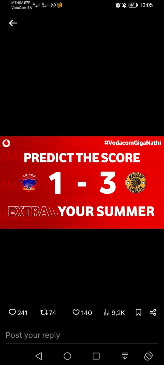 Charles_Kul's tweet photo. @Vodacom @KaizerChiefs #vodacomgiganathi ✌️ https://t.co/0v825EMkMy