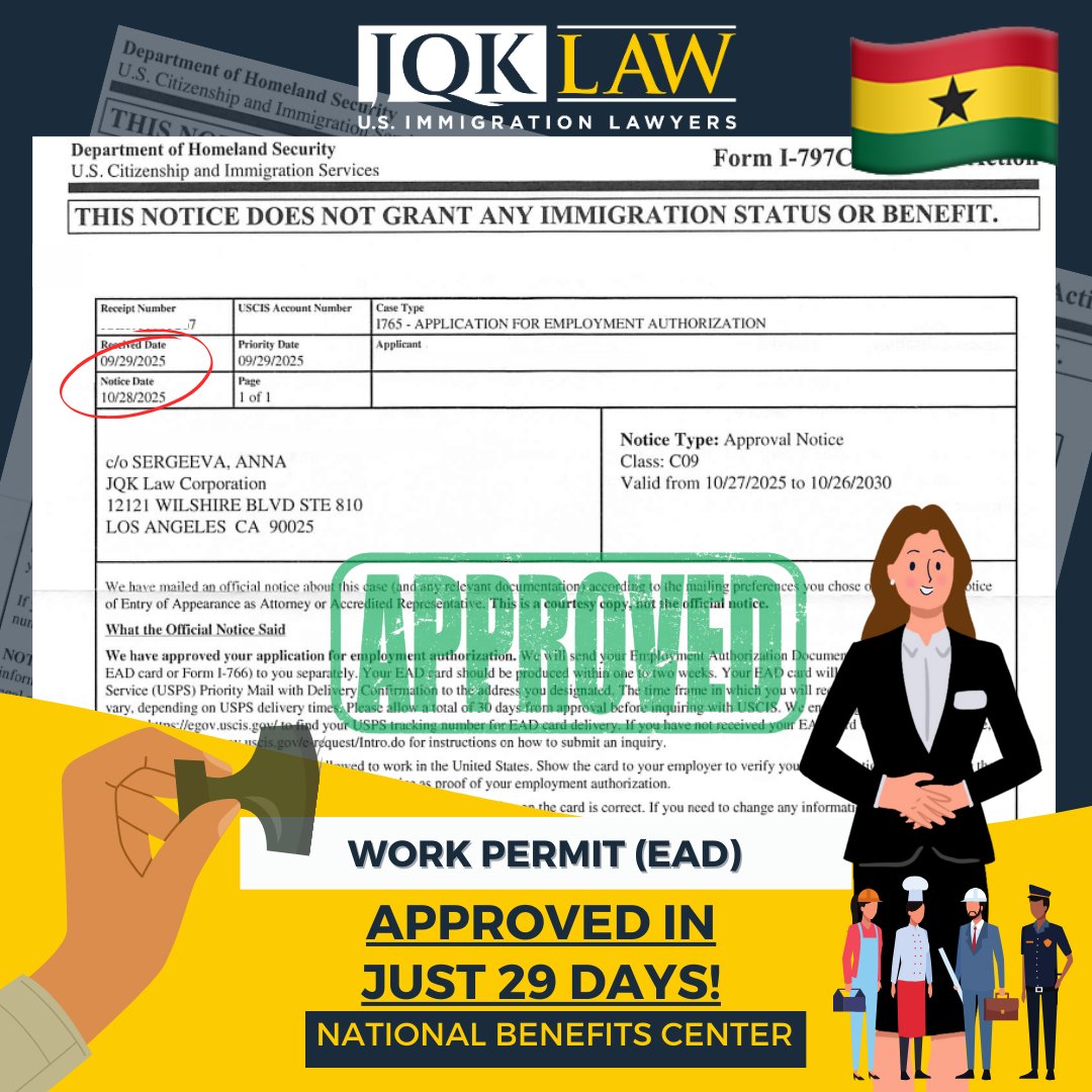 JQKLawFirm's tweet image. 🇬🇭 GHANA 🇬🇭
Fast Approval – Work Permit (EAD) ✅

A client from Ghana got their Canadian Work Permit approved in just 29 days!✨

📅Book now: JQKLaw.com/contact

#CanadaImmigration #WorkPermit #EADApproval #ImmigrationSuccess #JQKLaw #FastApproval #GhanaToCanada #VisaSuccess