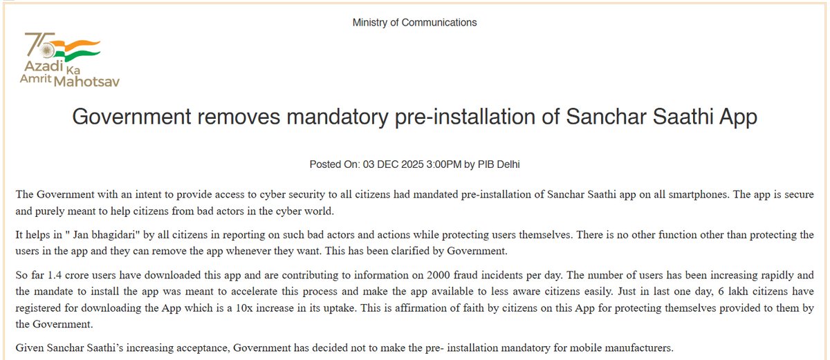 DoT_India's tweet photo. Government lifts mandatory pre-installation of Sanchar Saathi App

Refer to press release for details: https://t.co/5NUVDsTt8L

#DoT #Telecommunications #CyberSecurity #DoTForDigitalSafety #SancharSaathi

@JM_Scindia @PemmasaniOnX @neerajmittalias @USOF_India @pib_comm @PIB_India @PIBFactCheck @DDNewslive