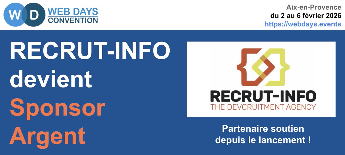 WebDaysEvents's tweet photo. 🔥 @recrutinfo devient partenaire SPONSOR ARGENT des #WebDays

Un soutien de la première heure pour la journée Backend (le jeudi) avec des tickets solidaires offerts aux étudiants et demandeurs d'emploi !

👀 Découvre @recrutinfo : https://t.co/7d9jWtLGFY

1/3 https://t.co/DNNnt70xWh