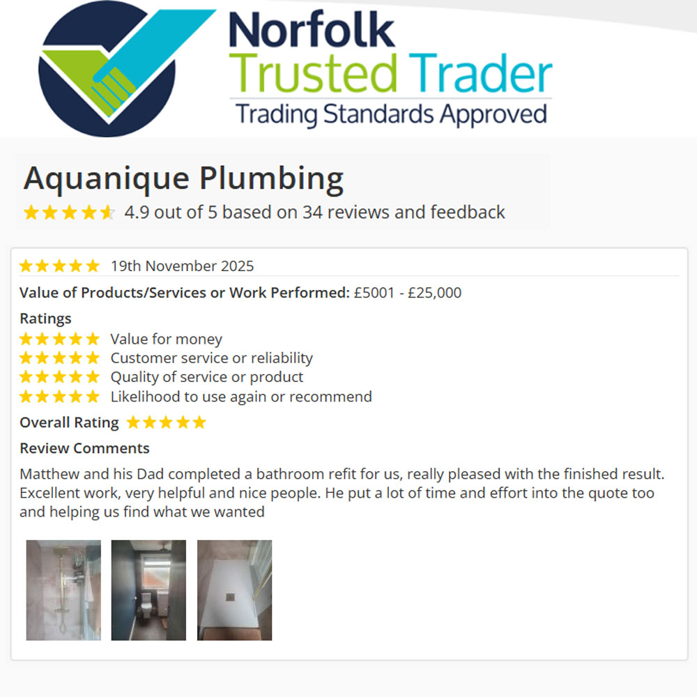 We do like to see customer images of work done, another happy customer for Trading Standards Approved Aquanique Plumbing, who is based in Lyng, Norfolk and part of Norfolk Trusted Trader 👏
trustedtrader.team/Norfolk/Aquani…
#Norfolk #TrustedTrader #TradingStandards #Approved <a href="/NorfolkCCTS/">Norfolk County Council Trading Standards</a>