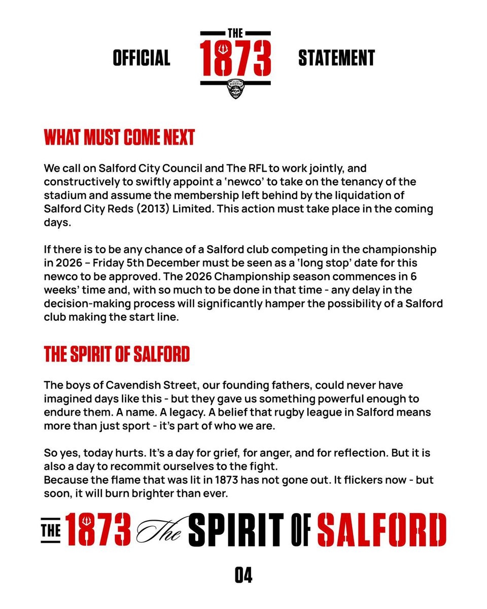 Liquidated on paper.

Alive in every heart in this city.

Salford Rugby League was never just a company - it’s a legacy, a cause, a community that refuses to be erased.

From this moment, the fight for a reborn Salford begins.

The 1873