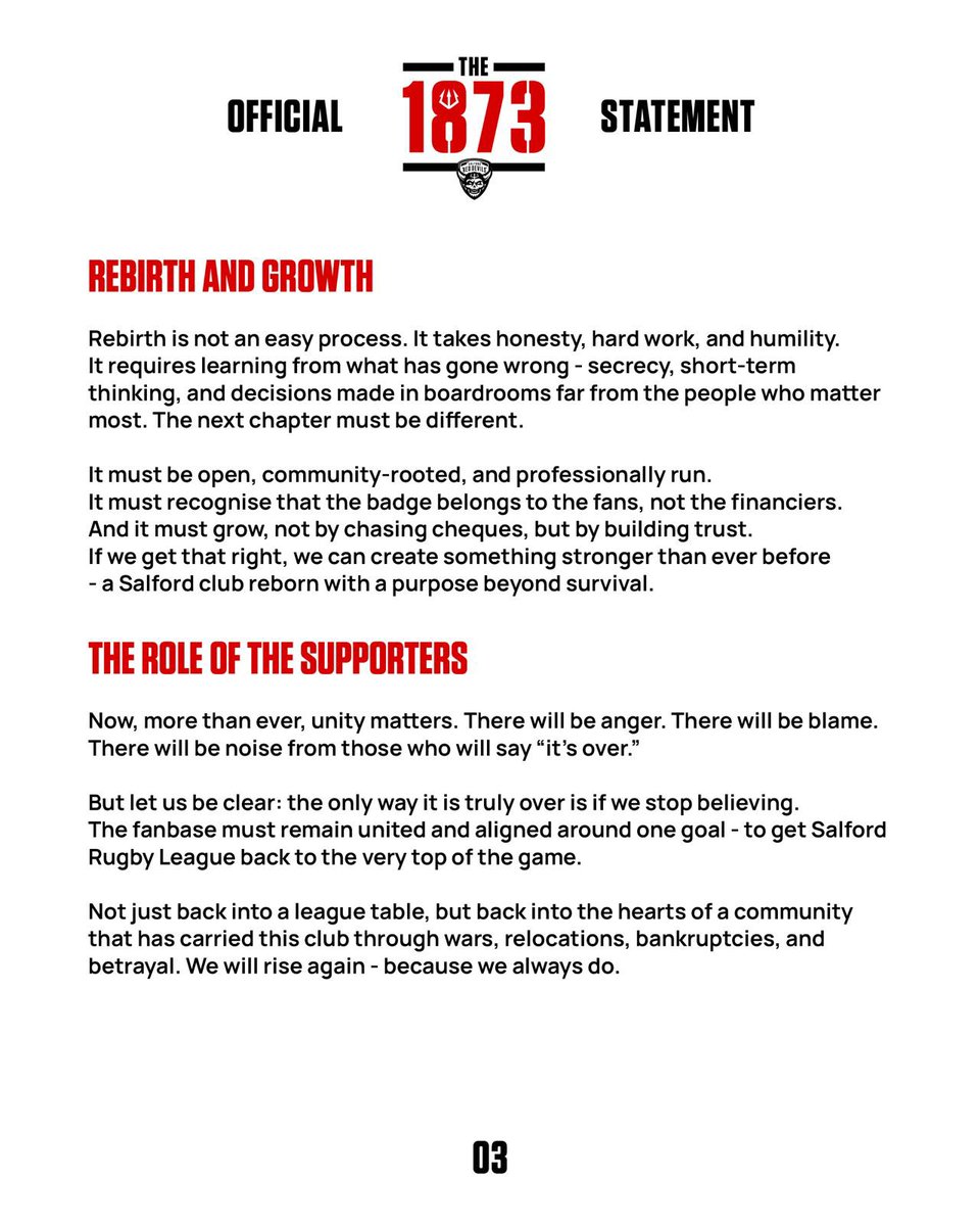 The1873_'s tweet photo. Liquidated on paper.

Alive in every heart in this city.

Salford Rugby League was never just a company - it’s a legacy, a cause, a community that refuses to be erased.

From this moment, the fight for a reborn Salford begins.

The 1873 https://t.co/ifTU9AewlV